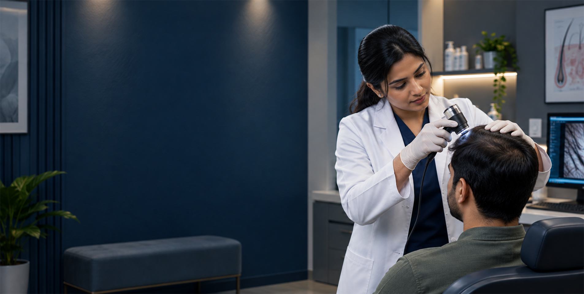 A doctor examining a patient's scalp with a trichoscope at Meditarina Hair and Skin Clinic