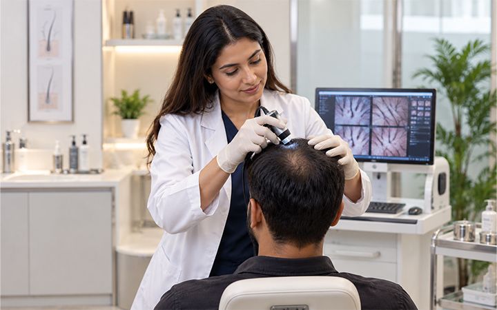 A doctor reviewing a scalp analysis on screen during a GFC consultation