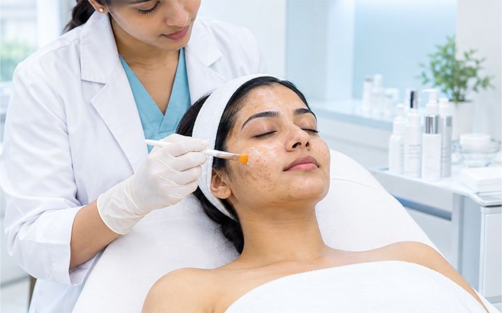 A chemical peel being applied to a patient's face by a doctor