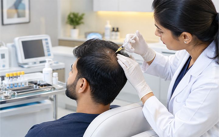 A doctor administering a scalp treatment to a patient